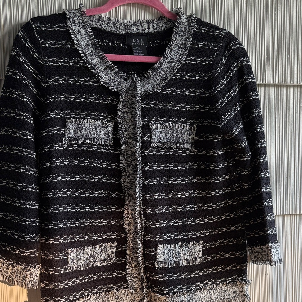 ROI Petite Black and White Striped Women's Jacket with snap closure.